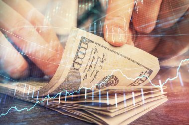 Forx grafiği, hologram, Amerikan dolarları ve insan eli çizimleri. Teknik Analiz kavramı.