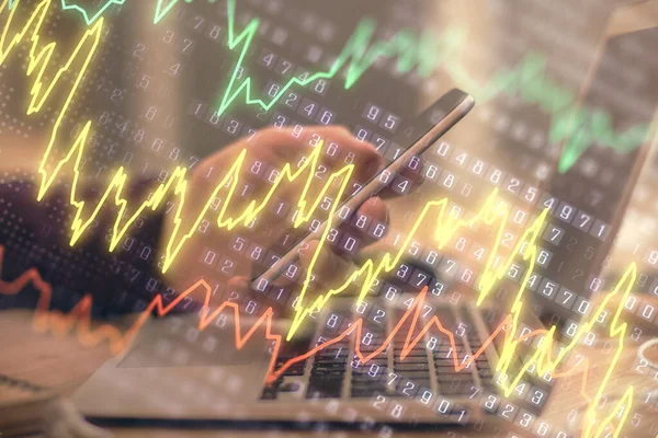 Double exposure of mans hands holding and using a phone and financial graph drawing. Analysis concept. — Stock Photo, Image