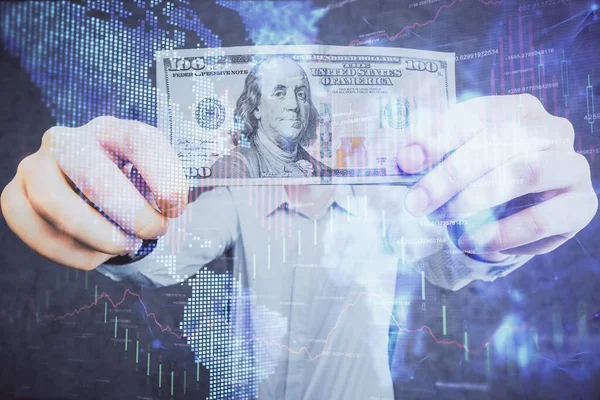 Multi exposure of financial graph drawing hologram and USA dollars bills and man hands. Analysis concept. — Stock Photo, Image