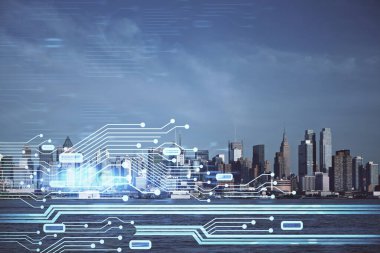 Veri temalı hologram gökdelenlerin arka planında çift pozlama ile şehir görünümüne çizim yapıyor. Teknoloji konsepti.