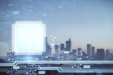 Veri temalı hologram gökdelenler arka planda çoklu pozlama ile şehir görünümüne çizim yapıyor. Büyük veri kavramı.