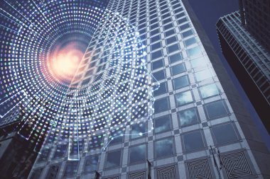 Şehrin arka planında çoklu maruz kalma üzerine beyin hologramı çizimi. Modern şehir konseptinde.