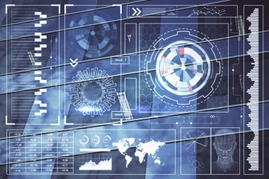 Veri temalı hologram gökdelenler arka planda çoklu pozlama ile şehir görünümüne çizim yapıyor. Büyük veri kavramı.