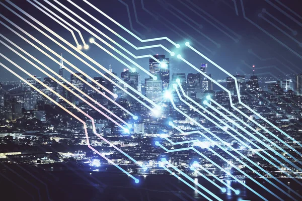 Data thema hologram tekening op uitzicht op de stad met wolkenkrabbers achtergrond multi blootstelling. Ai-concept. — Stockfoto
