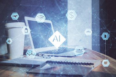 Masaüstü bilgisayarı ve teknoloji temalı holograma çift pozlama. Yazılım geliştirme kavramı.