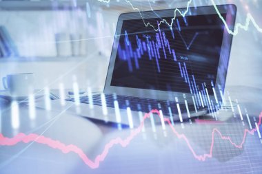 Bilgisayar geçmişi olan eski grafik hologramı. Çoklu maruz kalma. Finans piyasası kavramı.