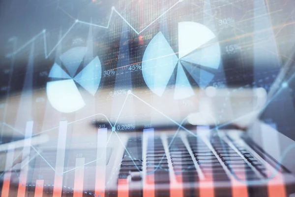 Stock market graph and table with computer background. Multi exposure. Concept of financial analysis. — Stock Photo, Image