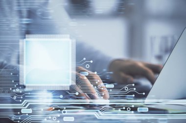 Teknoloji temalı hologramı olan bilgisayar geçmişi olan bir iş adamı. Yüksek teknoloji kavramı. Çoklu pozlama.