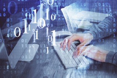 Bilgisayar arkaplanı üzerinde çalışan elleri olan iki kez teknolojik çizimlere maruz kalmış. Yenilik kavramı.