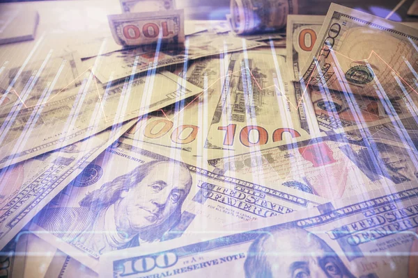 Multi exposure of forex chart drawing over us dollars bill background. Concept of financial success markets. — Stock Photo, Image