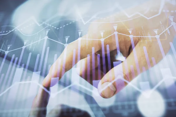 Multi exposure of mans hands holding and using a phone and financial chart drawing. Market analysis concept. — Stock Photo, Image