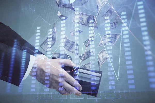 Multi exponering av finansiella diagram rita hologram och USA dollar räkningar och manshänder. Analyskoncept. — Stockfoto