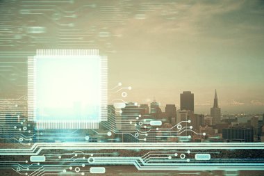 Veri temalı hologram gökdelenlerin arka planında çift pozlama ile şehir görünümüne çizim yapıyor. Teknoloji konsepti.