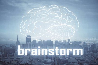 Şehir manzarası arkaplanı üzerinde başlangıç teması çizimlerinin çifte pozlandırılması. Başarı kavramı.