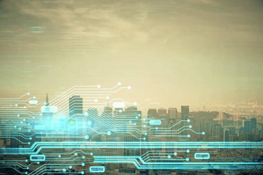 Veri temalı hologram gökdelenlerin arka planında çift pozlama ile şehir görünümüne çizim yapıyor. Teknoloji konsepti.