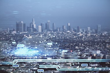 Veri temalı hologram gökdelenlerin arka planında çift pozlama ile şehir görünümüne çizim yapıyor. Teknoloji konsepti.