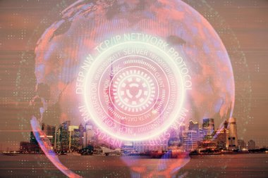 Teknoloji temalı hologramın ve şehrin arka planının iki katına çıkarılması. Yüksek Teknoloji kavramı.