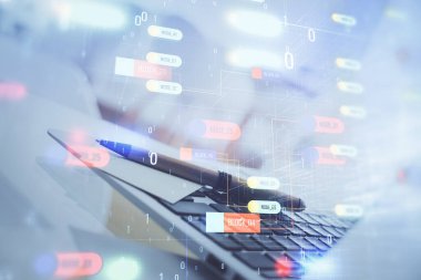 Kişisel bilgisayar ve teknik tema çizimi ile masaüstü çok açıkta. Büyük Veri Kavramı.