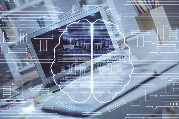 Doble exposición de la computadora de escritorio y el cerebro humano dibujo holograma. Concepto Ai . —  Fotos de Stock