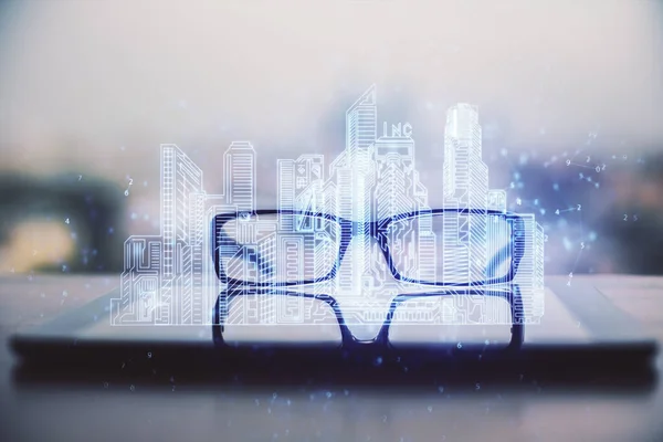 High tech appartment theme hologram with glasses on the table background. Double exposure.