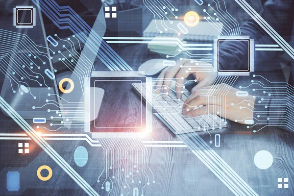 Bilgisayar arkaplanı üzerinde çalışan elleri olan iki kez teknolojik çizimlere maruz kalmış. Yenilik kavramı.