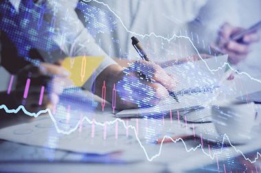 Ön x grafiğinin arka plan notları alan insanların üzerini çizerken çift pozlama. Mali analiz kavramı