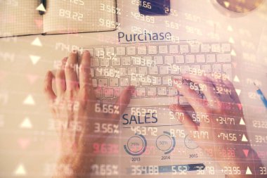 Dizüstü bilgisayar klavyesini ve ön x çizim hologramını yazarken çift pozlama. Üst Manzara. Finans piyasası kavramı.