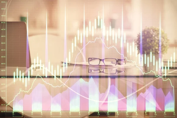 Подвійне експонування малювання фінансових графів та внутрішнього фону офісу. концепція фондового ринку . — стокове фото