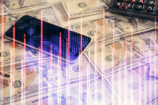 Doppelbelichtung von Forex-Graphen, die über uns Dollar-Schein Hintergrund zeichnen. Konzept der Finanzmärkte. — Stockfoto