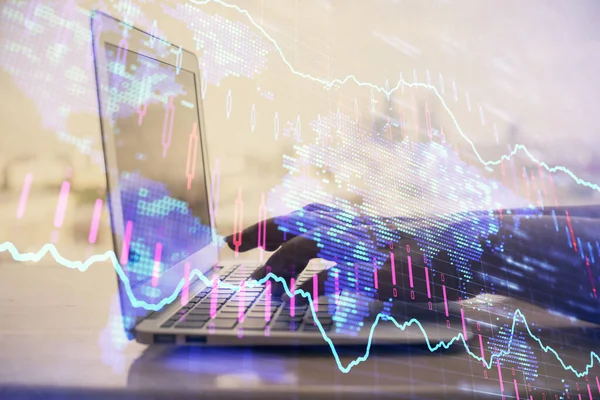 Double exposure of woman hands typing on computer and forex chart hologram drawing. Stock market invest concept. — Stock Photo, Image