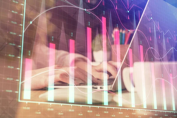 Double exposure of woman hands typing on computer and forex chart hologram drawing. Stock market invest concept. — Stock Photo, Image