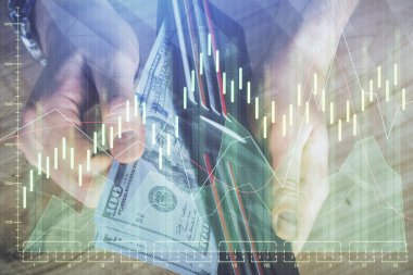 Forx grafiği, hologram, Amerikan dolarları ve insan eli çizimleri. Teknik Analiz kavramı.