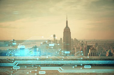 Veri temalı hologram gökdelenlerin arka planında çift pozlama ile şehir görünümüne çizim yapıyor. Teknoloji konsepti.