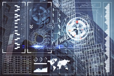 Veri temalı hologram gökdelenler arka planda çoklu pozlama ile şehir görünümüne çizim yapıyor. Büyük veri kavramı.