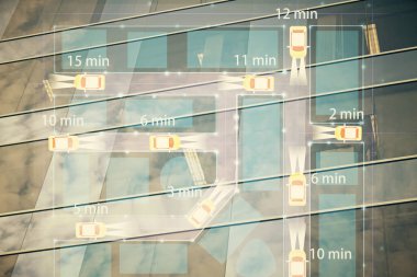 Ulaşım temalı hologram çizimi ve şehir manzaralı arka plan çifte pozlama. Otomatik pilotu kabul et.