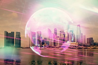 Teknoloji temalı hologramın ve şehrin arka planının iki katına çıkarılması. Yüksek Teknoloji kavramı.