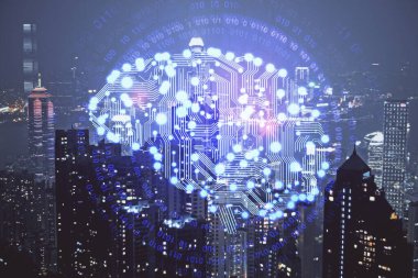 Şehrin arka planına beyin hologramı çizimi. Çifte maruz kalma. Beyin fırtınası konsepti.