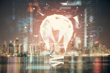 Ampul hologram çizimine ve şehir manzarasına çoklu maruz kalma. Fikir kavramı.