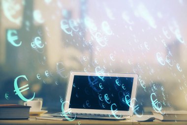 Bilgisayar geçmişi olan eski grafik hologramı. Çoklu maruz kalma. Finans piyasası kavramı.