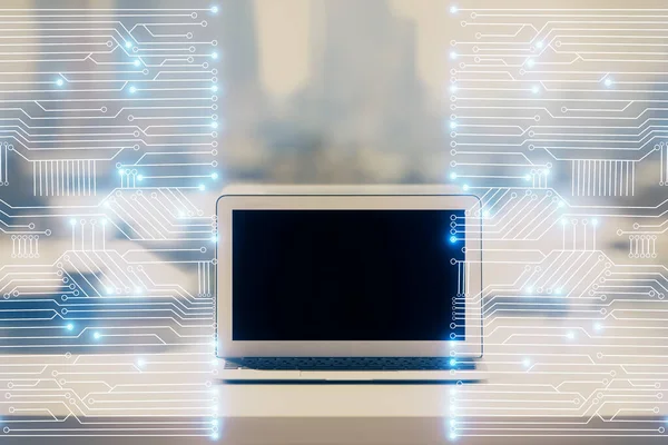 Komputer w biurze z technologicznym hologramem tematycznym. Podwójna ekspozycja. Koncepcja techniczna. — Zdjęcie stockowe