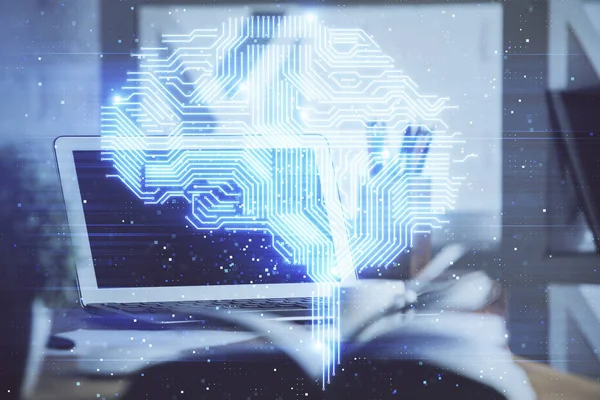 Dupla expozíció az asztali számítógép és az emberi agy rajz hologram. Ai koncepció. — Stock Fotó