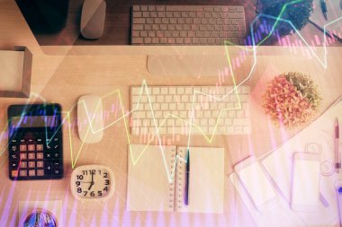 Bilgisayarla önx grafik arkaplanının çok açılımlı çizimi. Finansal analiz kavramı. Üst görünüm.