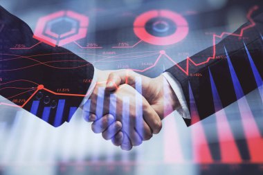 Forx grafik hologramı ve iki adamın el sıkışması. Borsa konsepti.