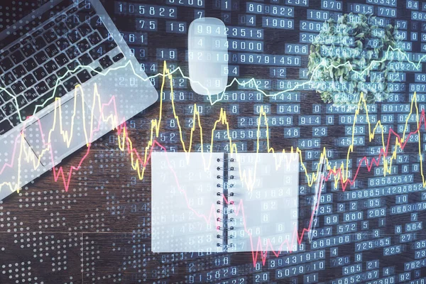 Borsa grafiği ve masa arkasındaki en üst görünüm bilgisayarı. Çifte maruziyet. Finansal eğitim kavramı.