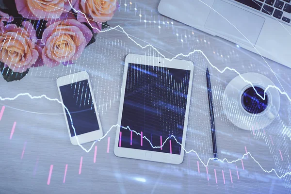 Double exposure of forex graph hologram over desktop with phone. Top view. Mobile trade platform concept. — Stock Photo, Image