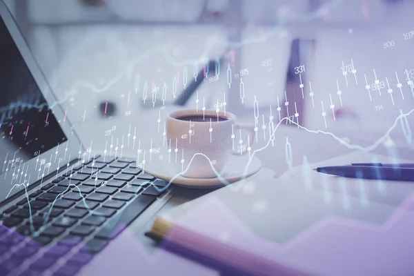 Double exposure of financial chart drawing and desktop with coffee and items on table background. Concept of forex market trading — Stock Photo, Image