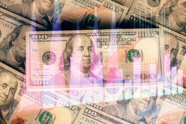 Multi eksposur grafik forex menggambar atas kita dolar tagihan latar belakang. Konsep pasar sukses keuangan. — Stok Foto