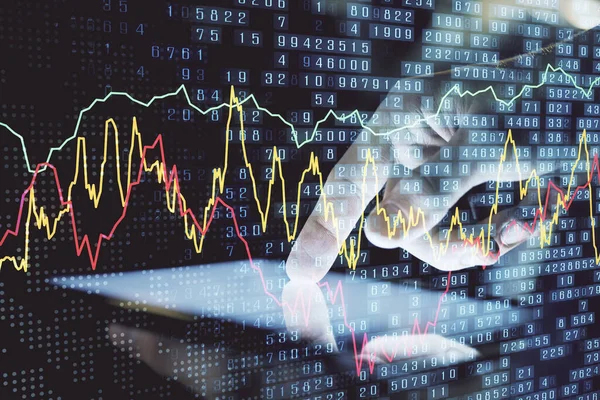 Dubbel exponering av män händer som håller och använder en digital enhet och forex diagram ritning. Begreppet finansmarknad. — Stockfoto