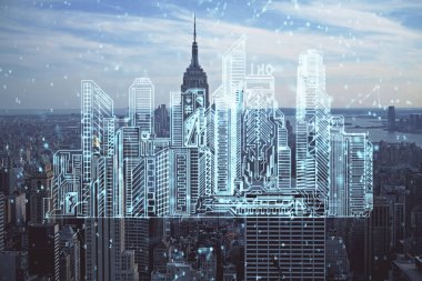 Şehrin arka planında binaların hologramlarına iki kez maruz kalmışlar. Akıllı şehir kavramı.