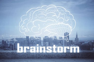 Şehir manzarası arkaplanı üzerinde başlangıç teması çizimlerinin çifte pozlandırılması. Başarı kavramı.